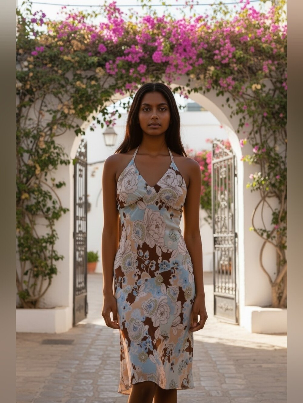 Trixxi Juniors Floral Halter Neck Dress - Blue and Brown